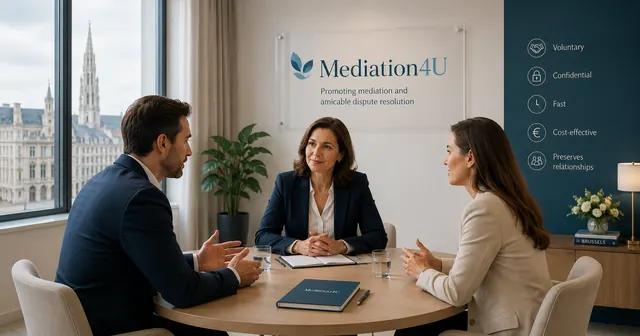 Three people talking around a meeting table with a mediator, in a bright office.