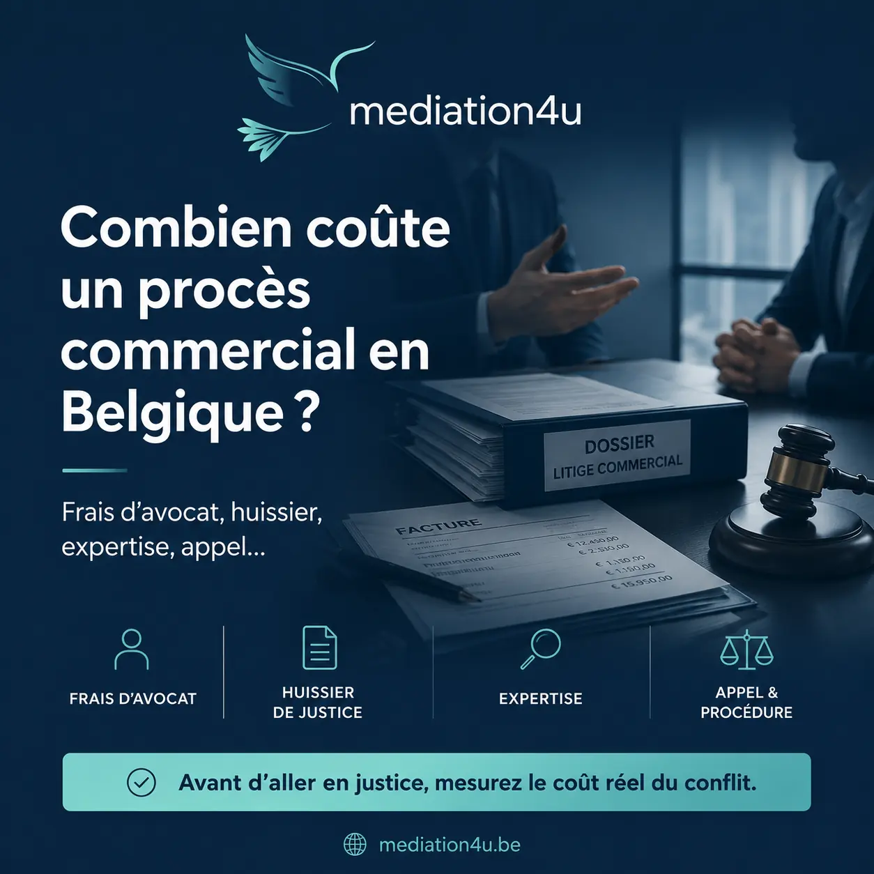Illustration d’un dossier commercial avec documents, facture et marteau de justice, sur le thème du coût d’un procès commercial en Belgique.