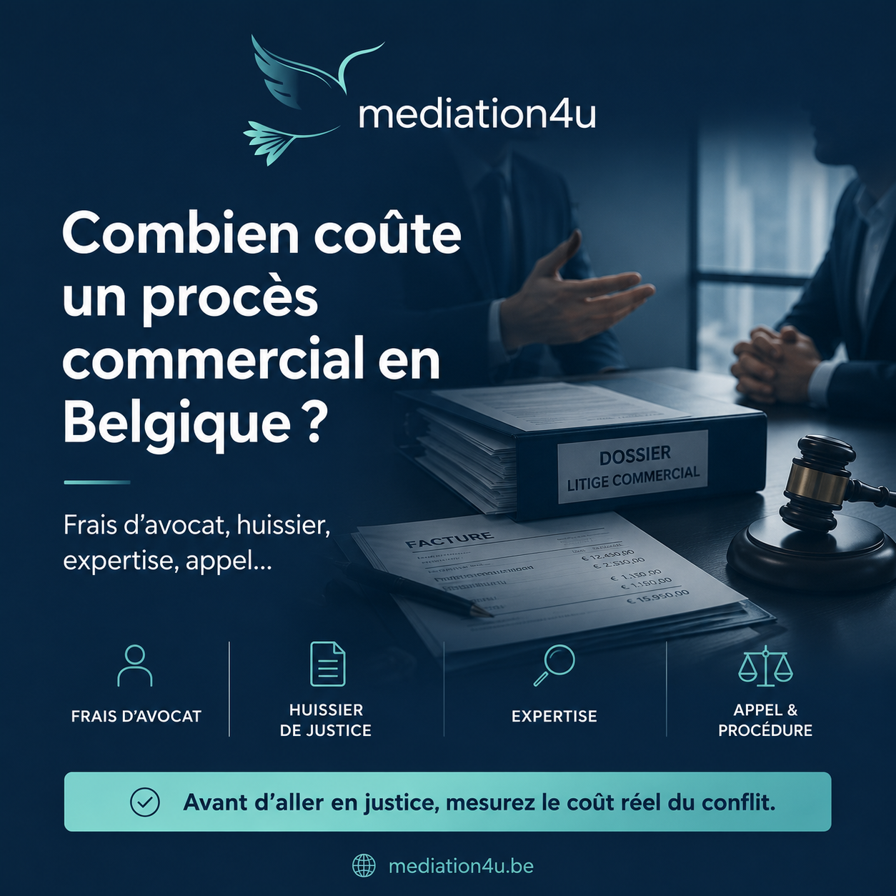 Illustration d’un dossier commercial avec documents, facture et marteau de justice, sur le thème du coût d’un procès commercial en Belgique.